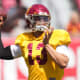 Southern California Trojans quarterback Caleb Williams (13) throws the ball during the spring game at the Los Angeles Memorial Coliseum.